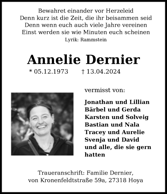 Todesanzeige von Annelie Dernier von SYK