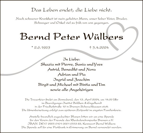 Todesanzeige von Bernd Peter Wülbers von SYK