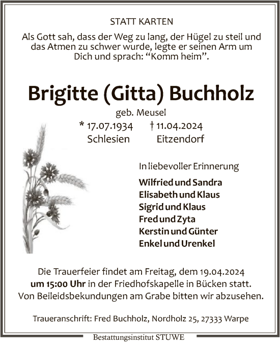 Todesanzeige von Brigitte Buchholz von SYK