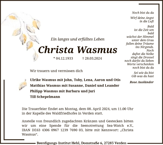 Todesanzeige von Christa Wasmus von SYK