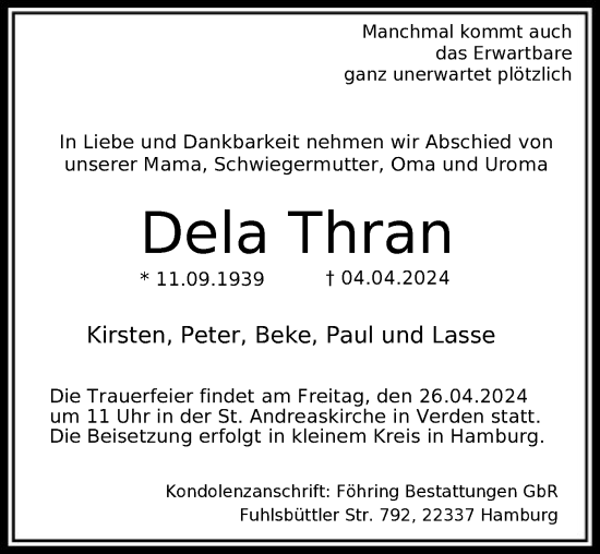 Todesanzeige von Dela Thran von SYK
