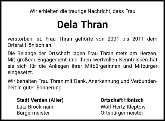 Todesanzeige von Dela Thran von SYK