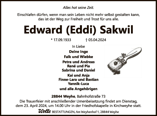 Todesanzeige von Edward Sakwil von SYK