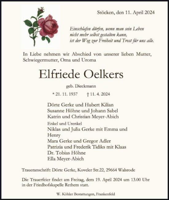 Todesanzeige von Elfriede Oelkers von SYK