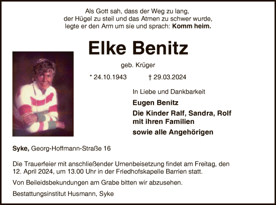 Todesanzeige von Elke Benitz von SYK