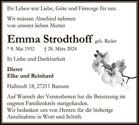 Todesanzeige von Emma Strodthoff von SYK