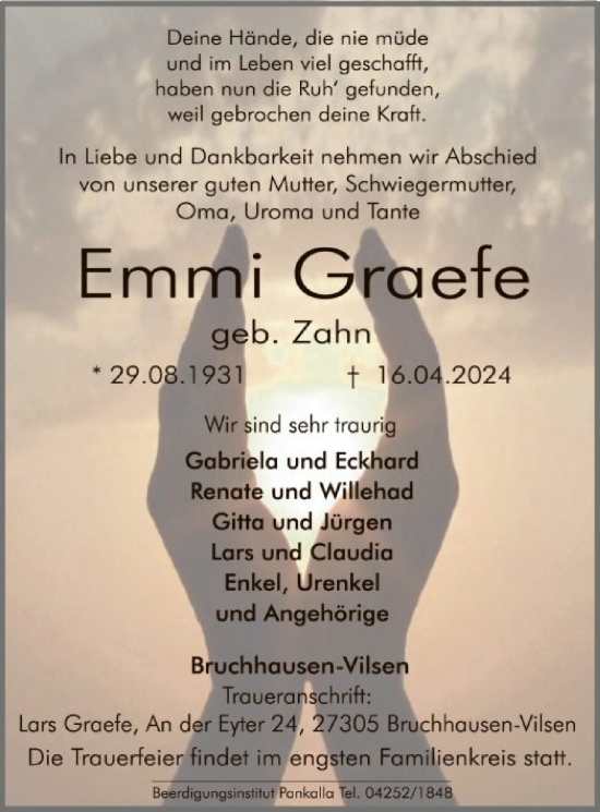 Todesanzeige von Emmi Graefe von SYK