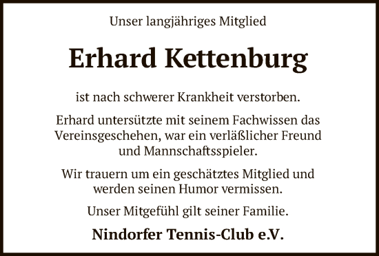 Todesanzeige von Erhard Kettenburg von SYK
