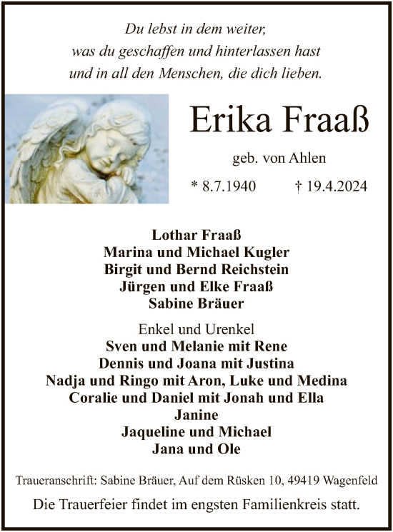 Todesanzeige von Erika Fraaß von SYK