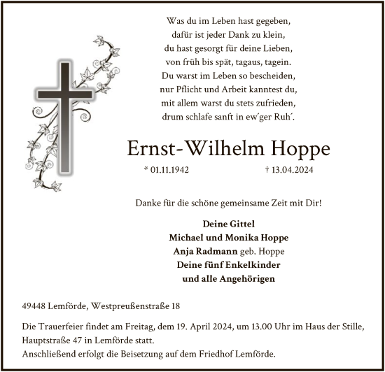 Todesanzeige von Ernst-Wilhelm Hoppe von SYK