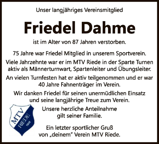 Todesanzeige von Friedel Dahme von SYK