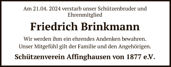Todesanzeige von Friedrich Brinkmann von SYK