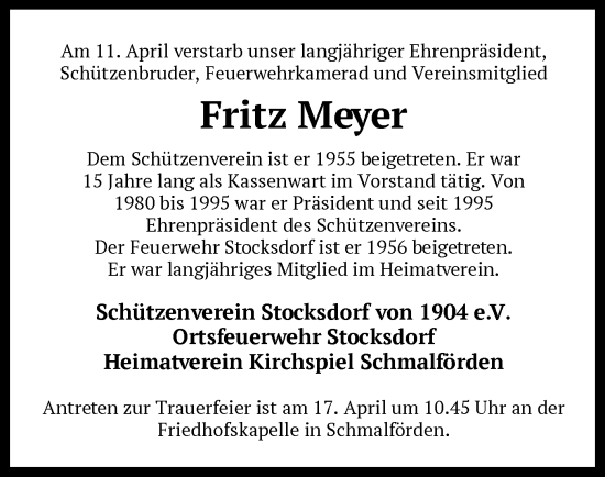 Todesanzeige von Fritz Meyer von SYK