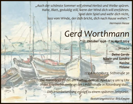 Todesanzeige von Gerd Worthmann von SYK
