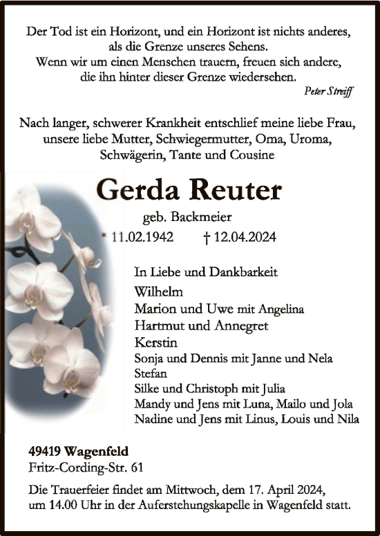 Todesanzeige von Gerda Reuter von SYK