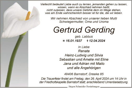 Todesanzeige von Gertrud Gerding von SYK