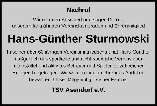 Todesanzeige von Hans-Günther Sturmowski von SYK