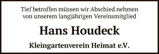 Todesanzeige von Hans Houdeck von SYK