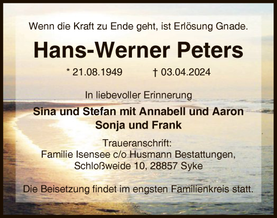 Todesanzeige von Hans-Werner Peters von SYK