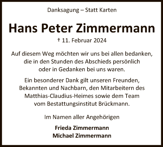 Todesanzeige von Hans Peter Zimmermann von SYK