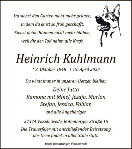 Todesanzeige von Heinrich Kuhlmann von SYK