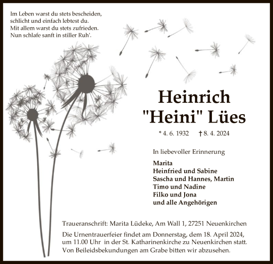Todesanzeige von Heinrich Lües von SYKSYK