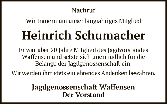 Todesanzeige von Heinrich Schumacher von SYK