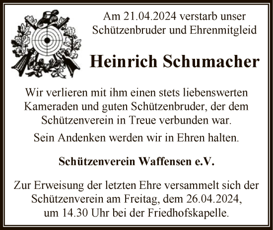 Todesanzeige von Heinrich Schumacher von SYK