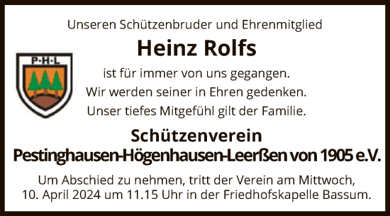 Todesanzeige von Heinz Rolfs von SYK