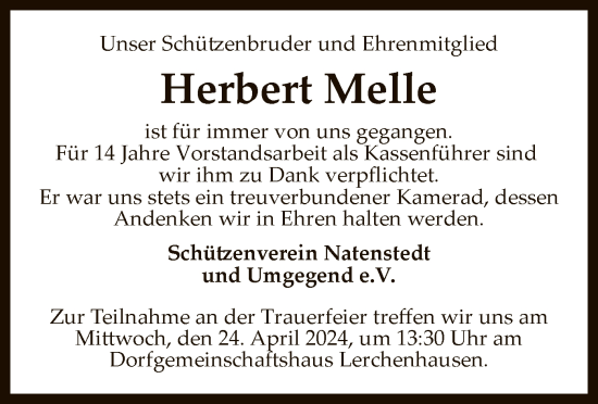 Todesanzeige von Herbert Melle von SYK