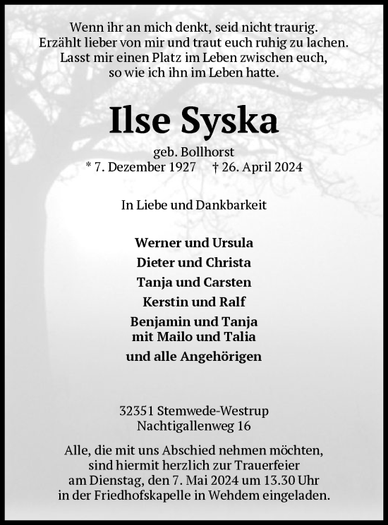 Todesanzeige von Ilse Syska von SYK