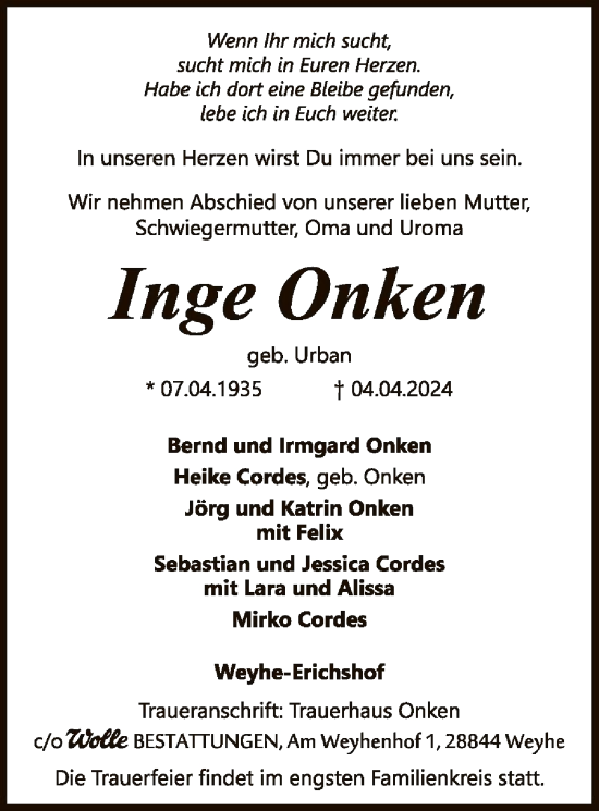 Todesanzeige von Inge Onken von SYK