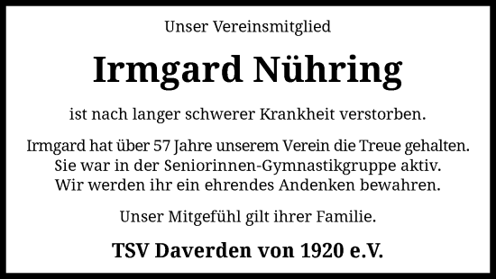 Todesanzeige von Irmgard Nähring von SYK
