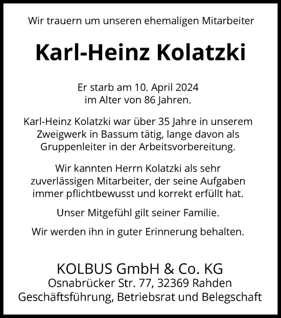 Todesanzeige von Karl-Heinz Kolatzki von SYK