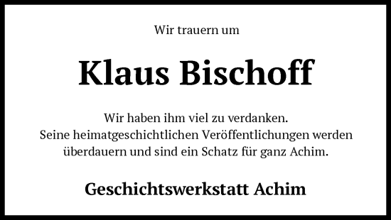 Todesanzeige von Klaus Bischoff von SYK