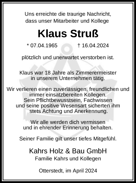 Todesanzeige von Klaus Struß von SYK