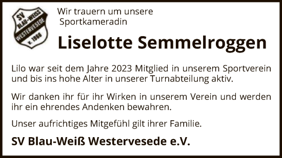 Todesanzeige von Liselotte Semmelroggen von SYK