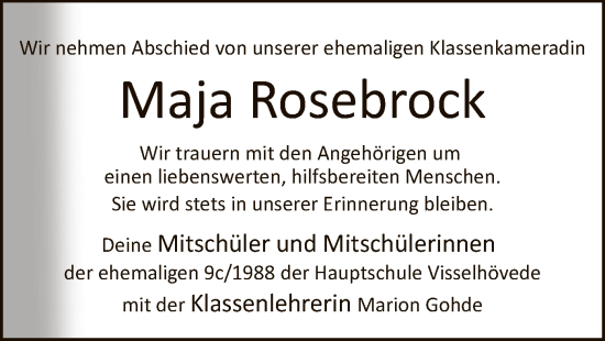 Todesanzeige von Maja Rosebrock von SYK
