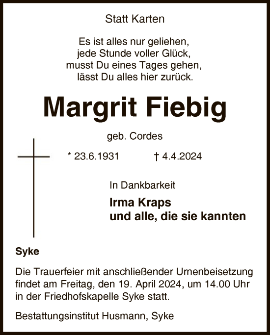 Todesanzeige von Margrit Fiebig von SYKSYK