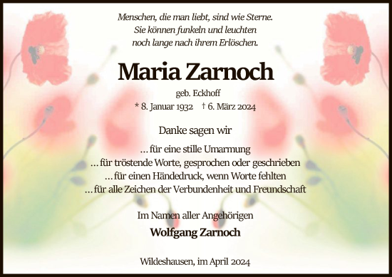 Todesanzeige von Maria Zarnoch von SYK