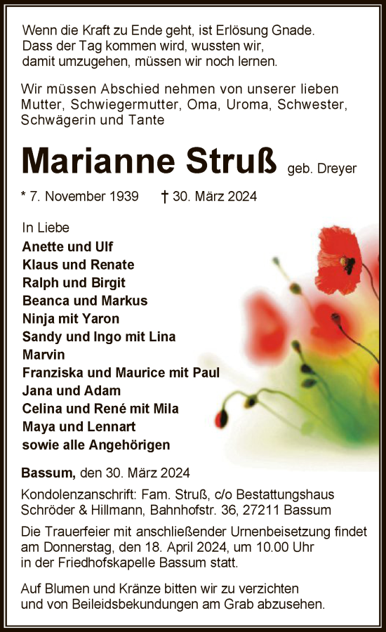 Todesanzeige von Marianne Struß von SYK