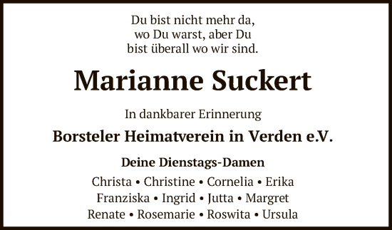 Todesanzeige von Marianne Suckert von SYK