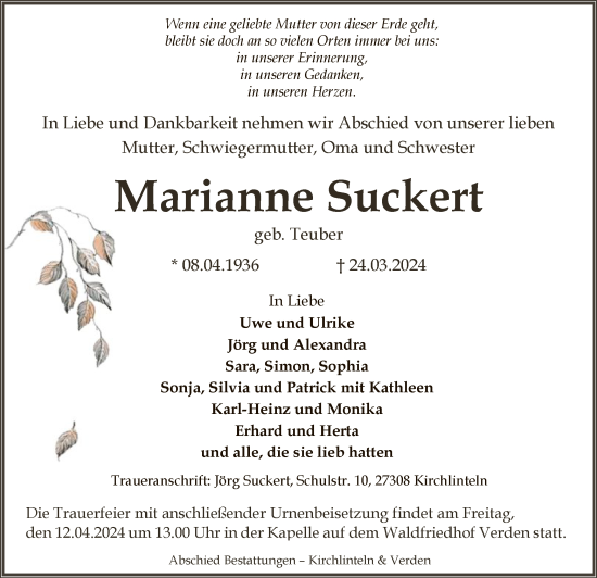 Todesanzeige von Marianne Suckert von SYK