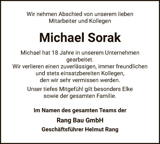 Todesanzeige von Michael Sorak von SYK