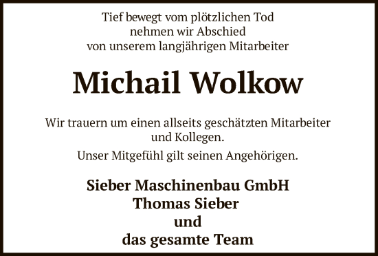Todesanzeige von Michail Wolkow von SYKSYK