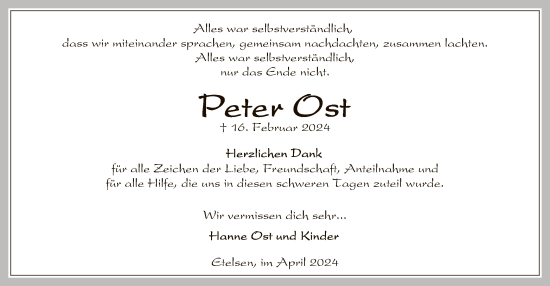 Todesanzeige von Peter Ost von SYK