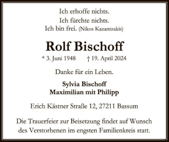 Todesanzeige von Rolf Bischoff von SYK