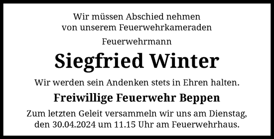 Todesanzeige von Siegfried Winter von SYK