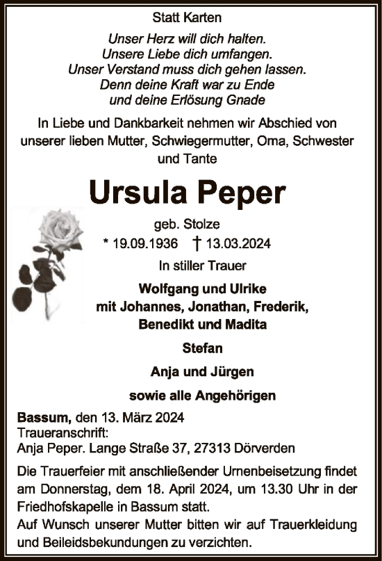 Todesanzeige von Ursula Peper von SYK