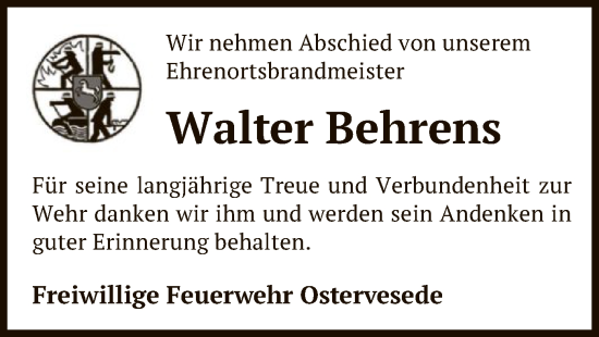 Todesanzeige von Walter Behrens von SYK